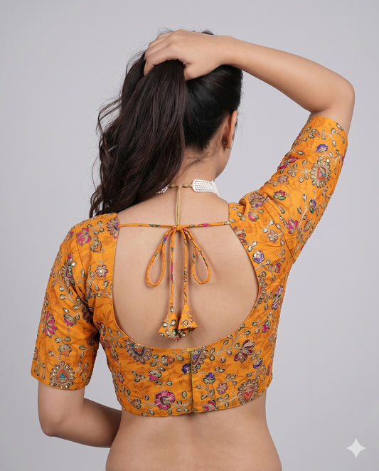 Pure Viscose Sweetheart Neck Yellow Embroidered Blouse