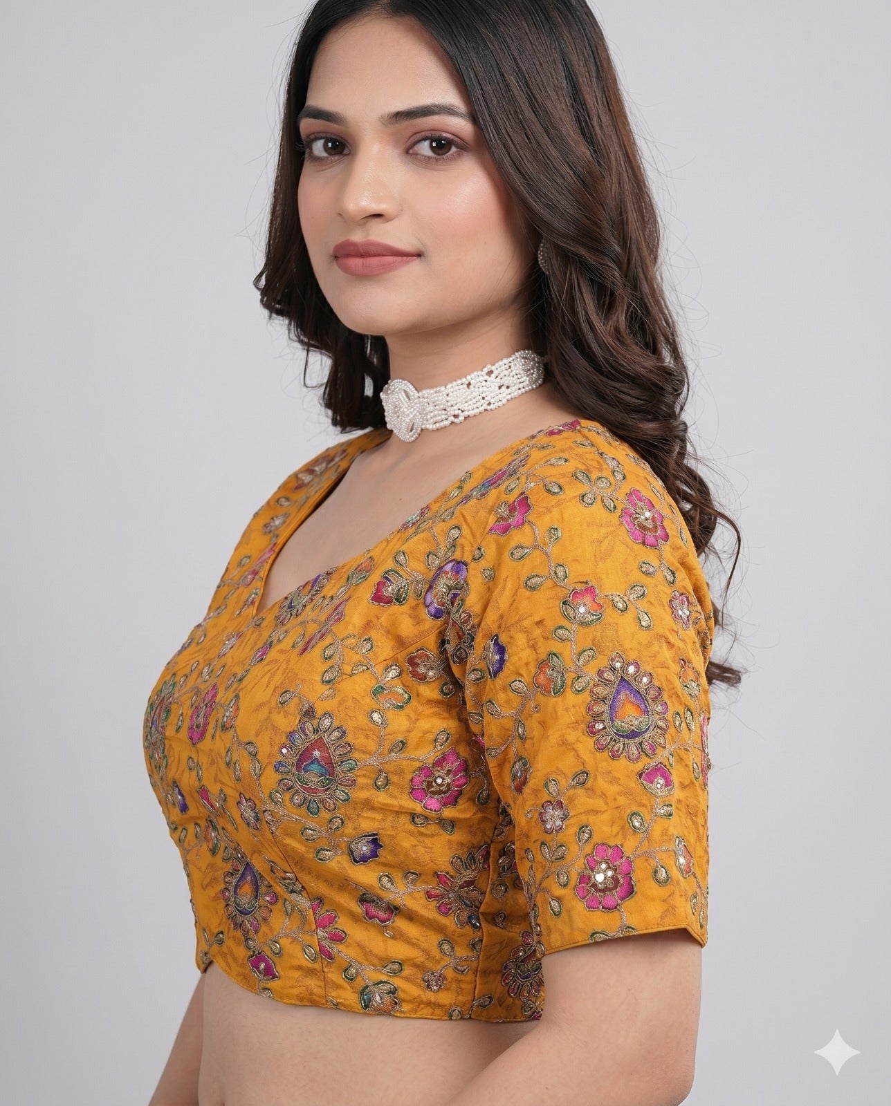 Pure Viscose Sweetheart Neck Yellow Embroidered Blouse