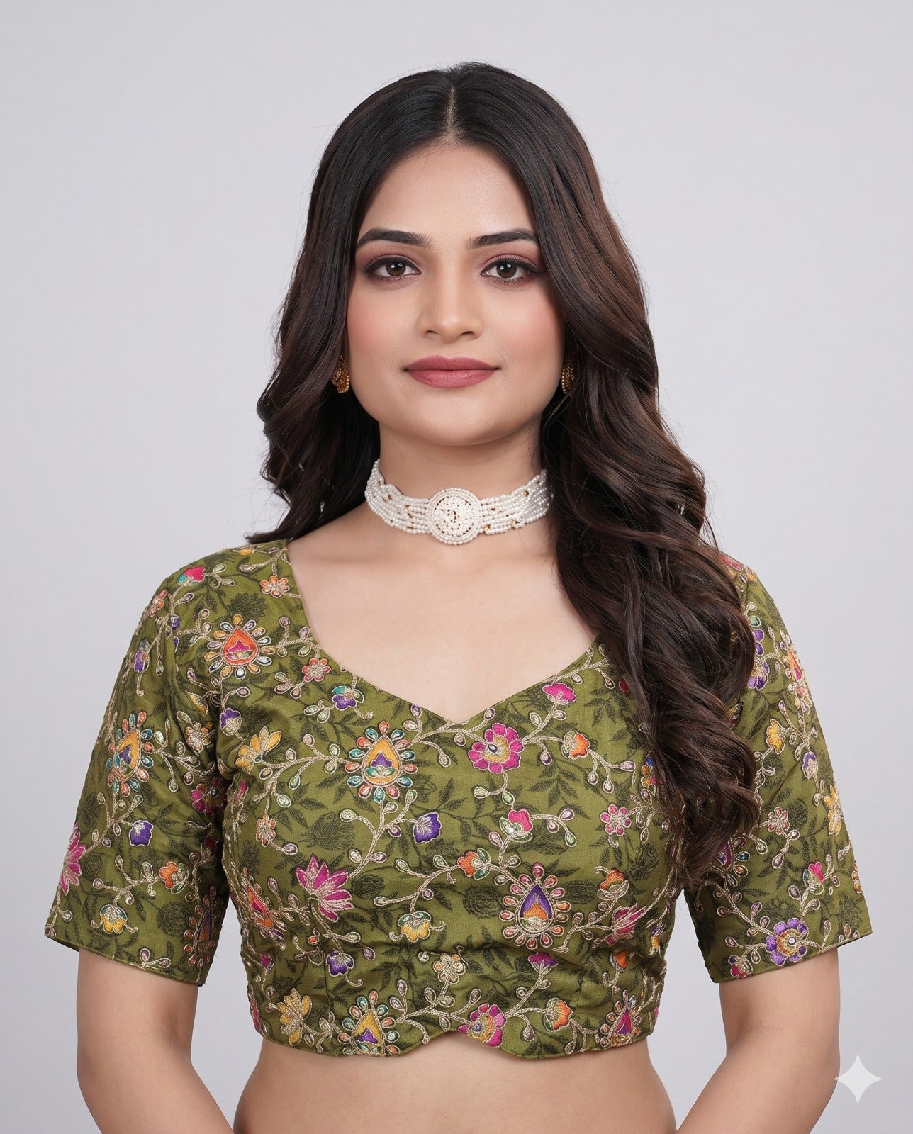 Pure Viscose V-Diamond Cut Neck Padded Embroidered Blouse