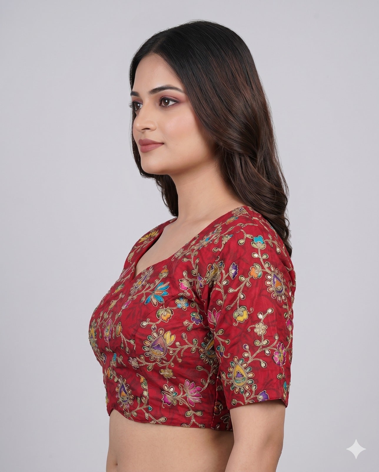 Pure Viscose V-Diamond Cut Maroon Embroidered Blouse