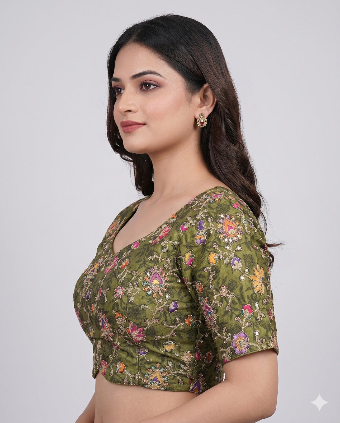 Pure Viscose V-Diamond Cut Neck Padded Embroidered Blouse