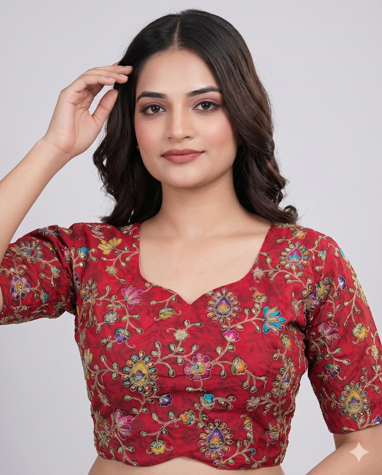 Pure Viscose V-Diamond Cut Maroon Embroidered Blouse