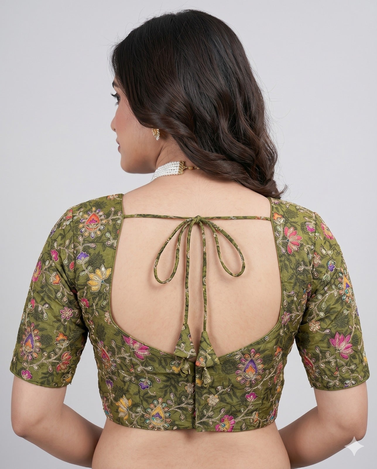 Pure Viscose V-Diamond Cut Neck Padded Embroidered Blouse
