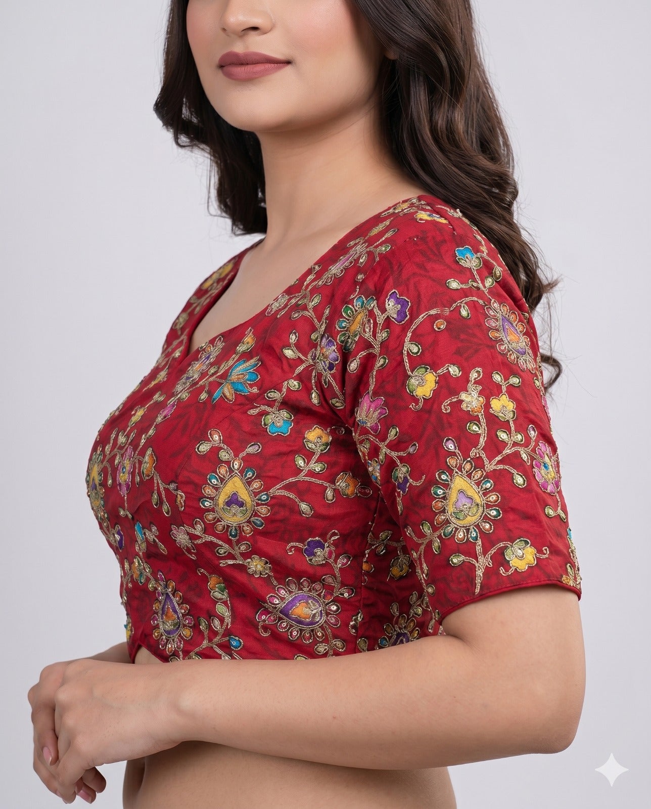 Pure Viscose V-Diamond Cut Maroon Embroidered Blouse