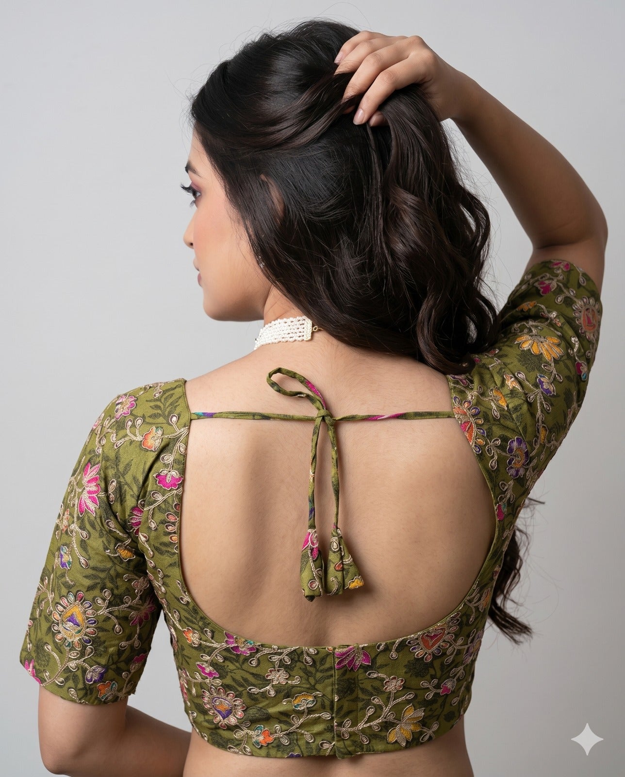 Pure Viscose V-Diamond Cut Neck Padded Embroidered Blouse