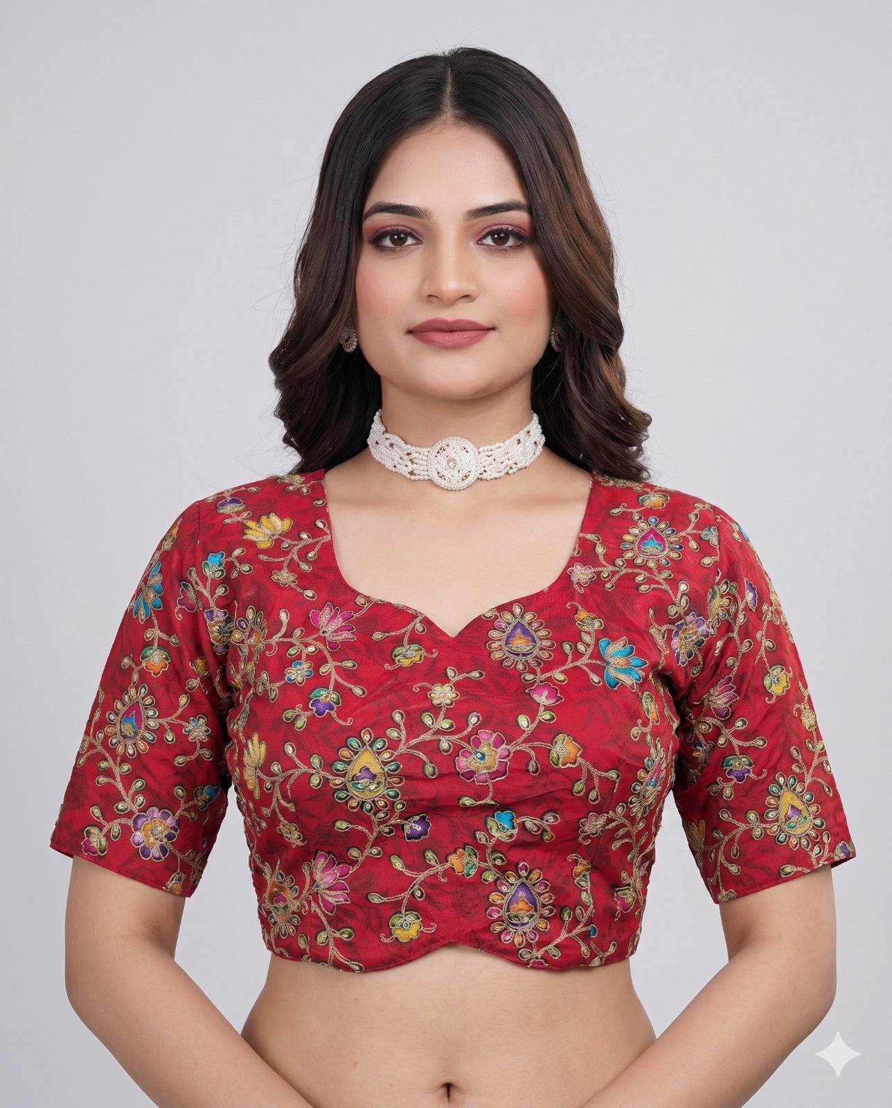 Pure Viscose V-Diamond Cut Maroon Embroidered Blouse