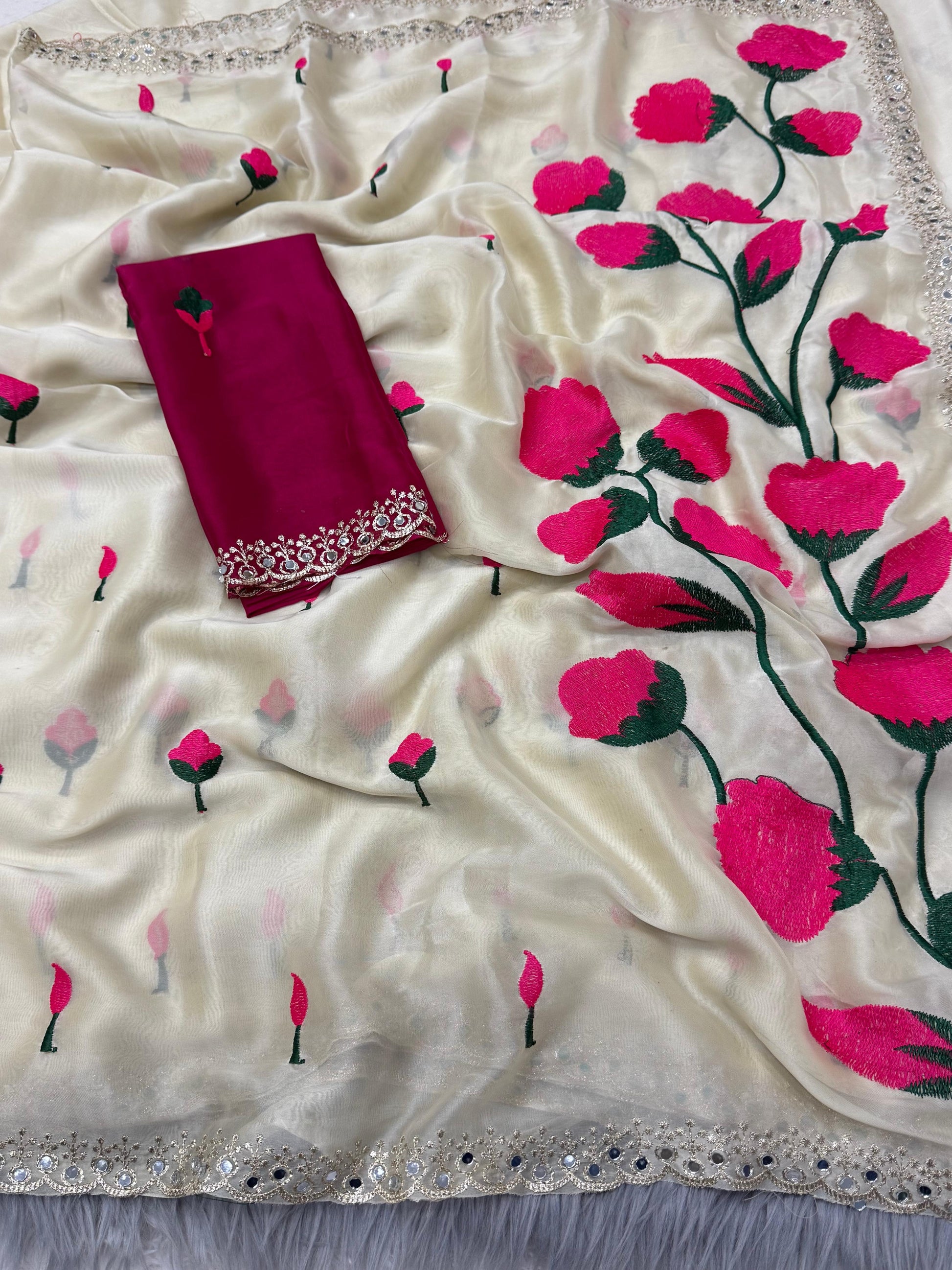 RANGOLI CHIFFON ALL-OVER MIRROR & FLORAL EMBROIDERY SAREE