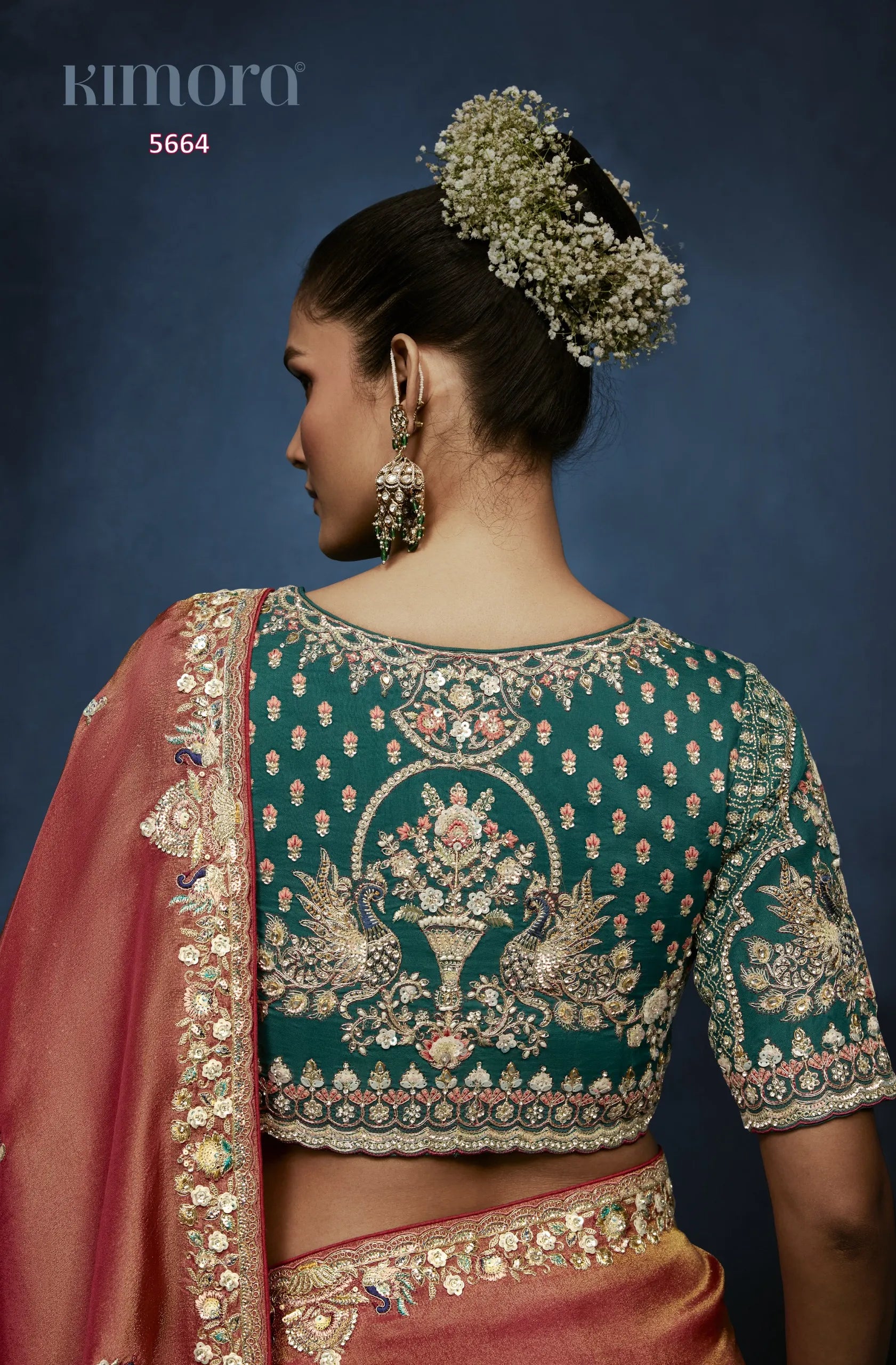 Rose Ember Fancy Tissue Saree with Beads, Moti & Zardozi Border — Ready Blouse
