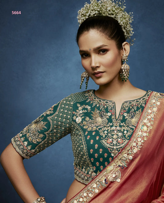 Rose Ember Fancy Tissue Saree with Beads, Moti & Zardozi Border — Ready Blouse