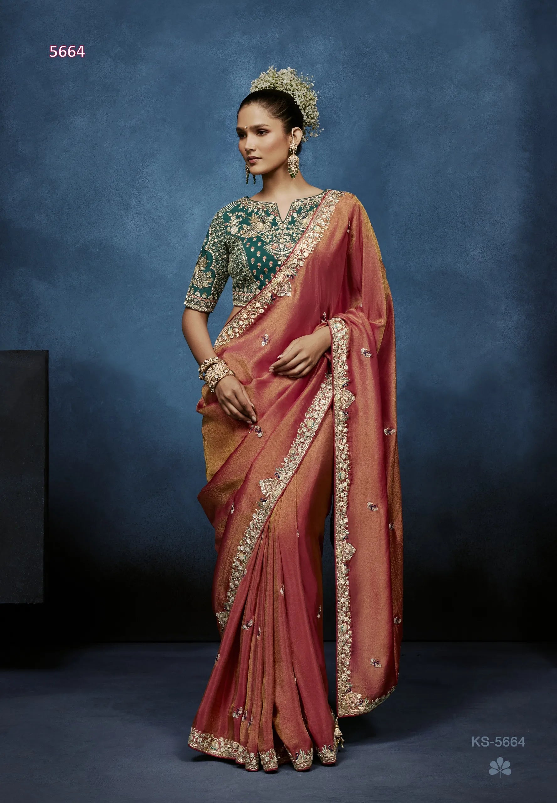 Rose Ember Fancy Tissue Saree with Beads, Moti & Zardozi Border — Ready Blouse