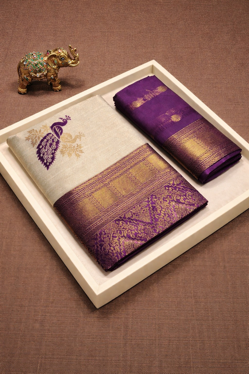 Royal Peacock Ivory Kanjivaram Silk Saree with Golden Zari
