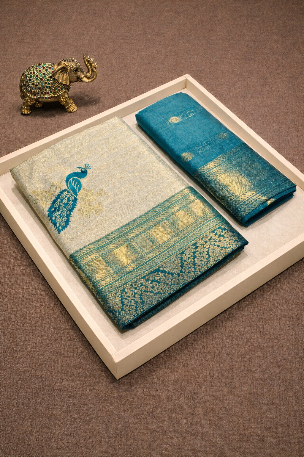 Royal Peacock Ivory Kanjivaram Silk Saree with Golden Zari
