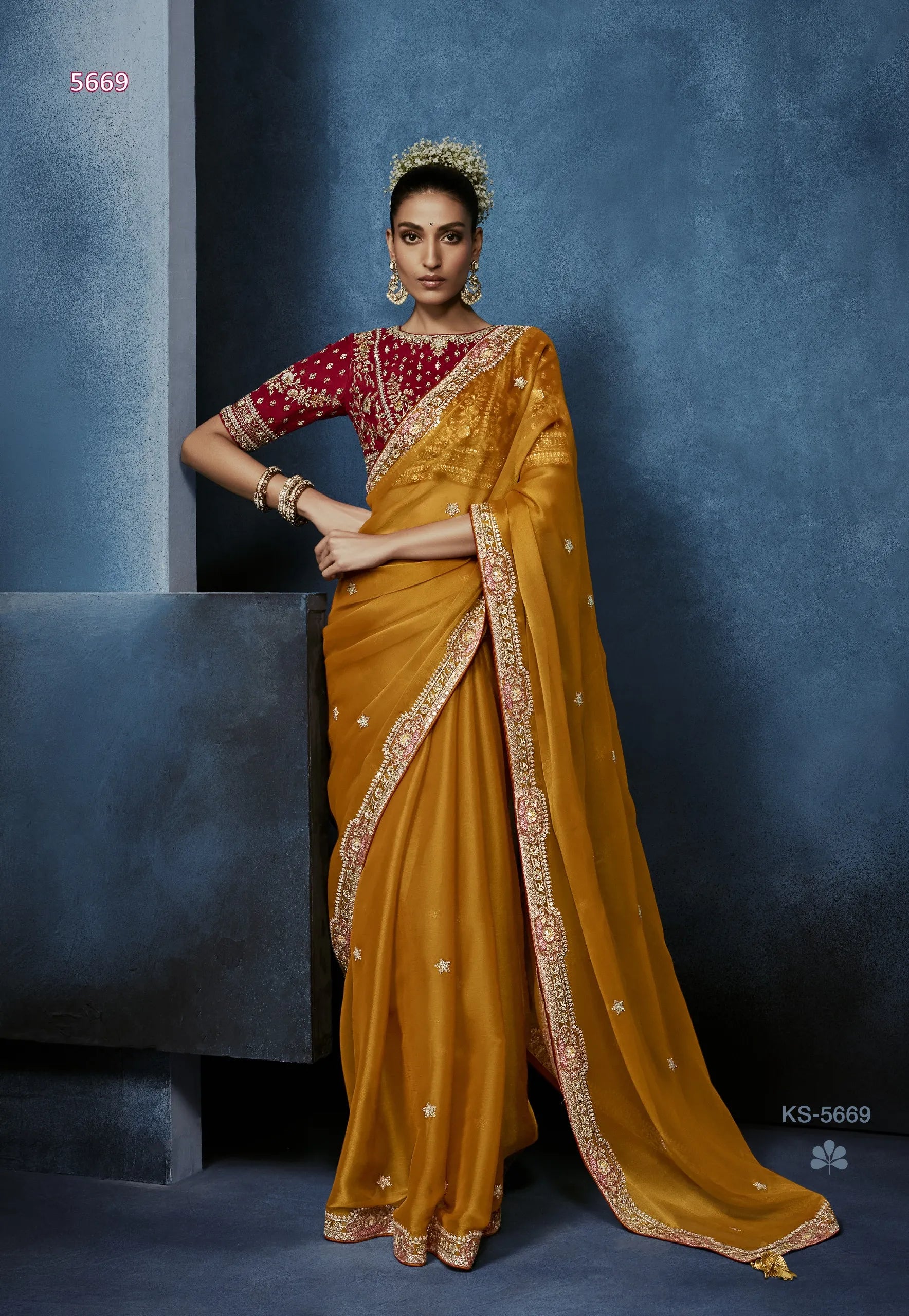 Saffron Opulence Fancy Tissue Saree with Snowflake Butti & Zardozi Border — Ready Blouse