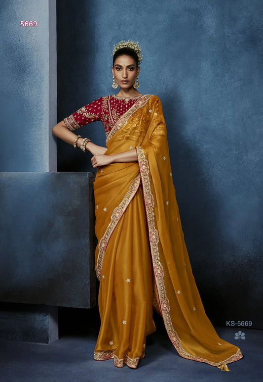 Saffron Opulence Fancy Tissue Saree with Snowflake Butti & Zardozi Border — Ready Blouse
