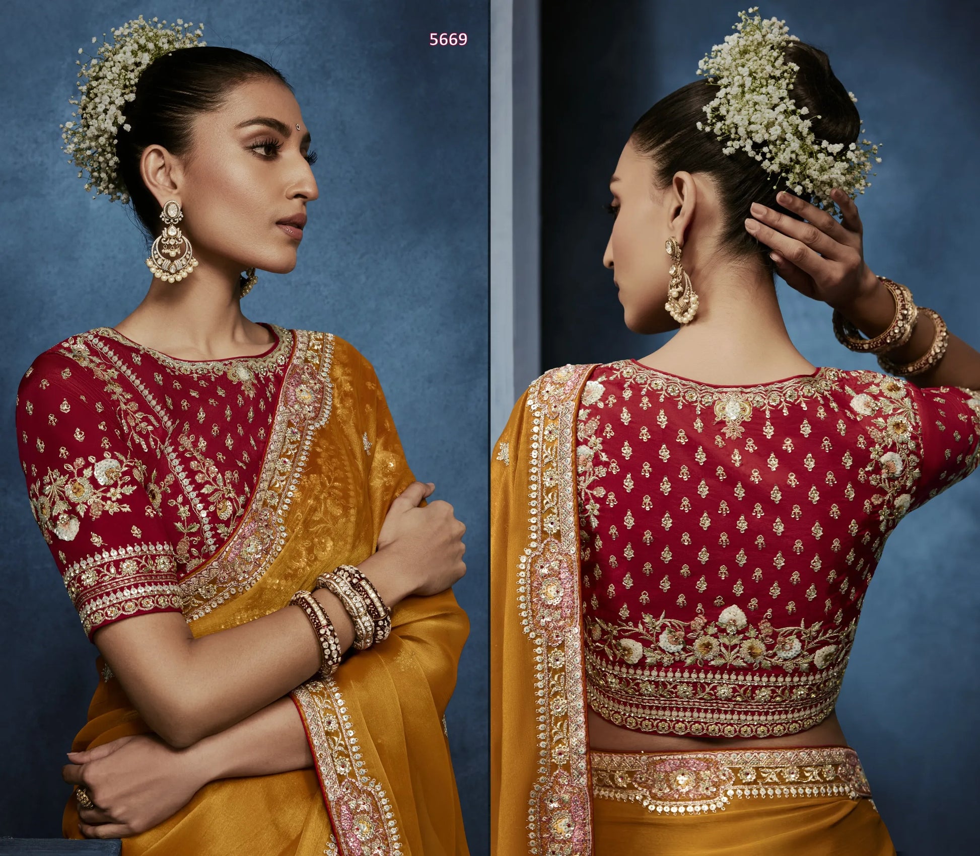Saffron Opulence Fancy Tissue Saree with Snowflake Butti & Zardozi Border — Ready Blouse