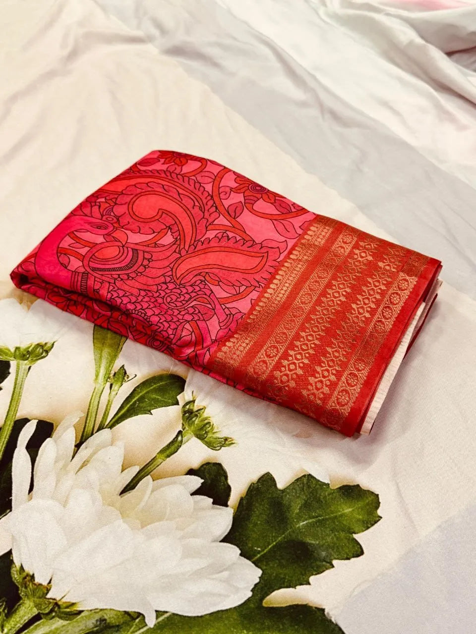 Semi Crepe Kalamkari Printed Mysore Silk Saree