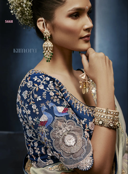 Silver Reverie Fancy Tissue Saree with 3D Floral Moti & Cut Dana Work — Ready Blouse