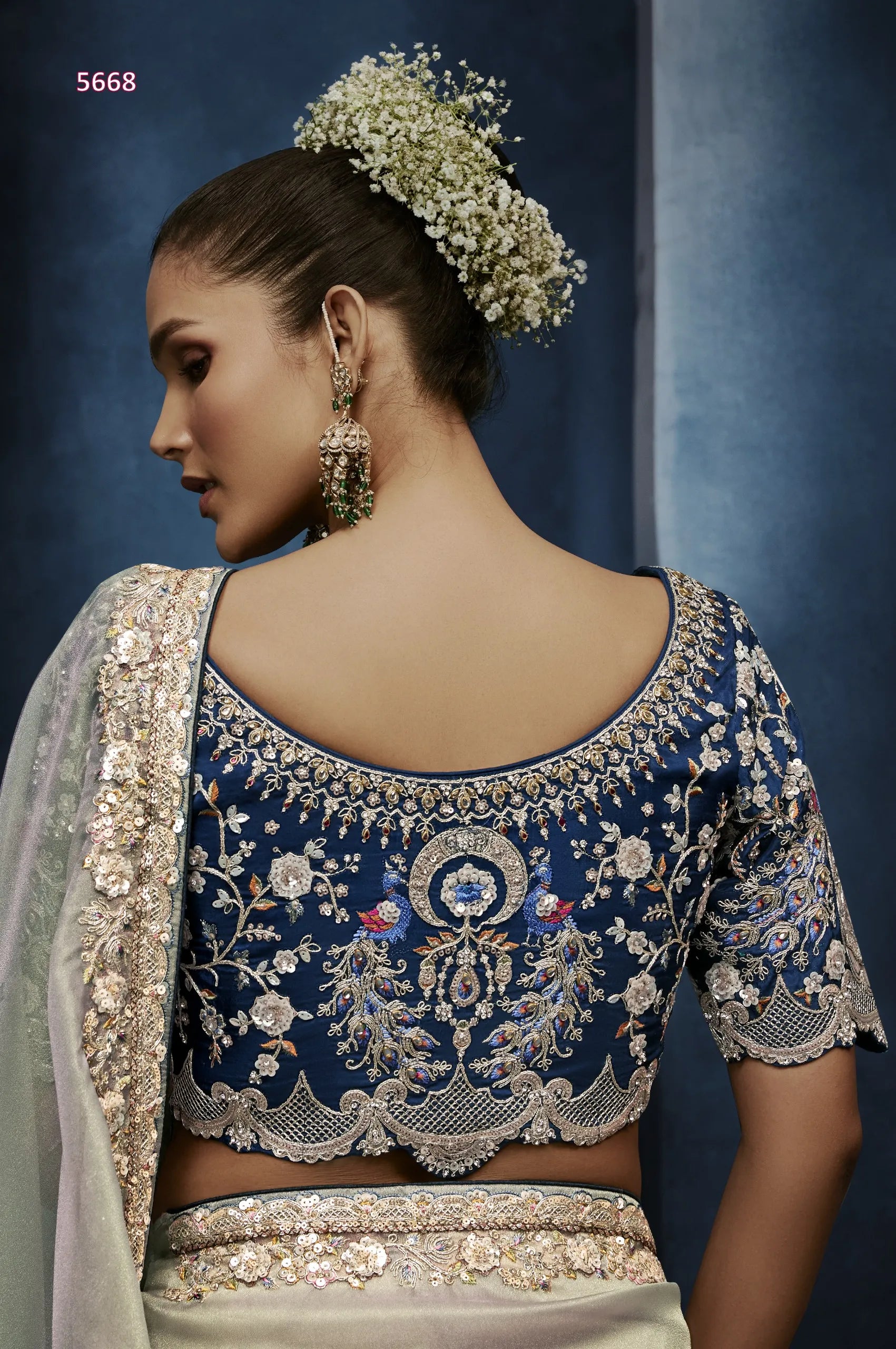 Silver Reverie Fancy Tissue Saree with 3D Floral Moti & Cut Dana Work — Ready Blouse