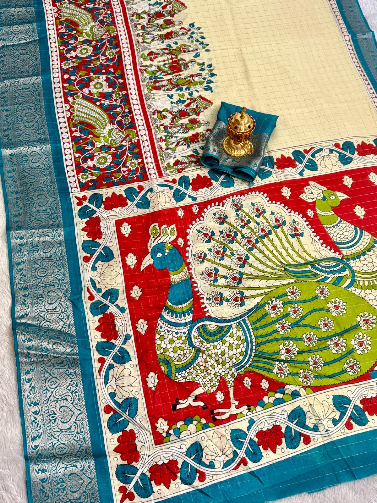 Soft Dola Silk Beautiful Checked Kamalkari Print