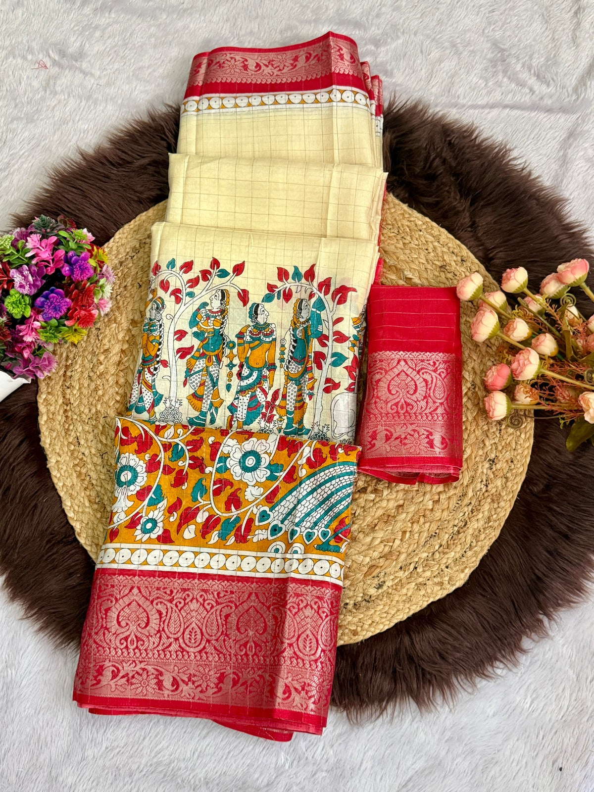 Soft Dola Silk Beautiful Checked Kamalkari Print