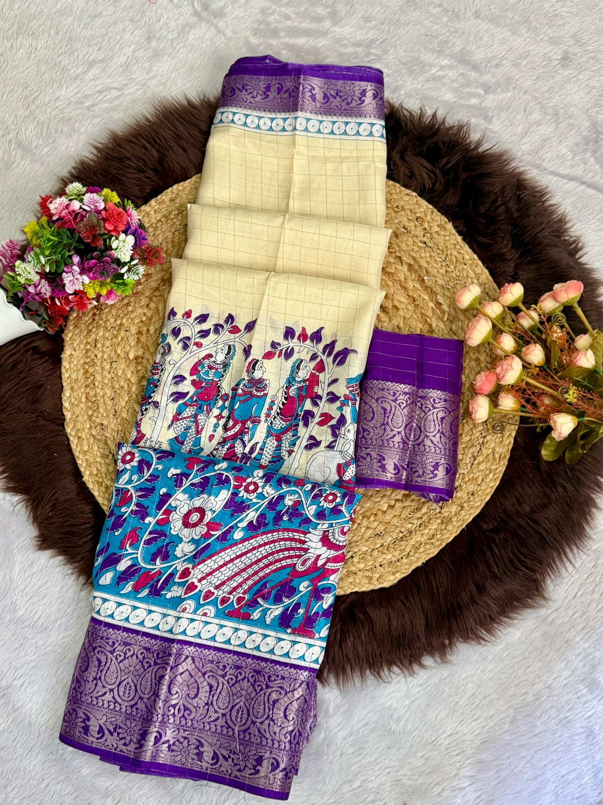 Soft Dola Silk Beautiful Checked Kamalkari Print