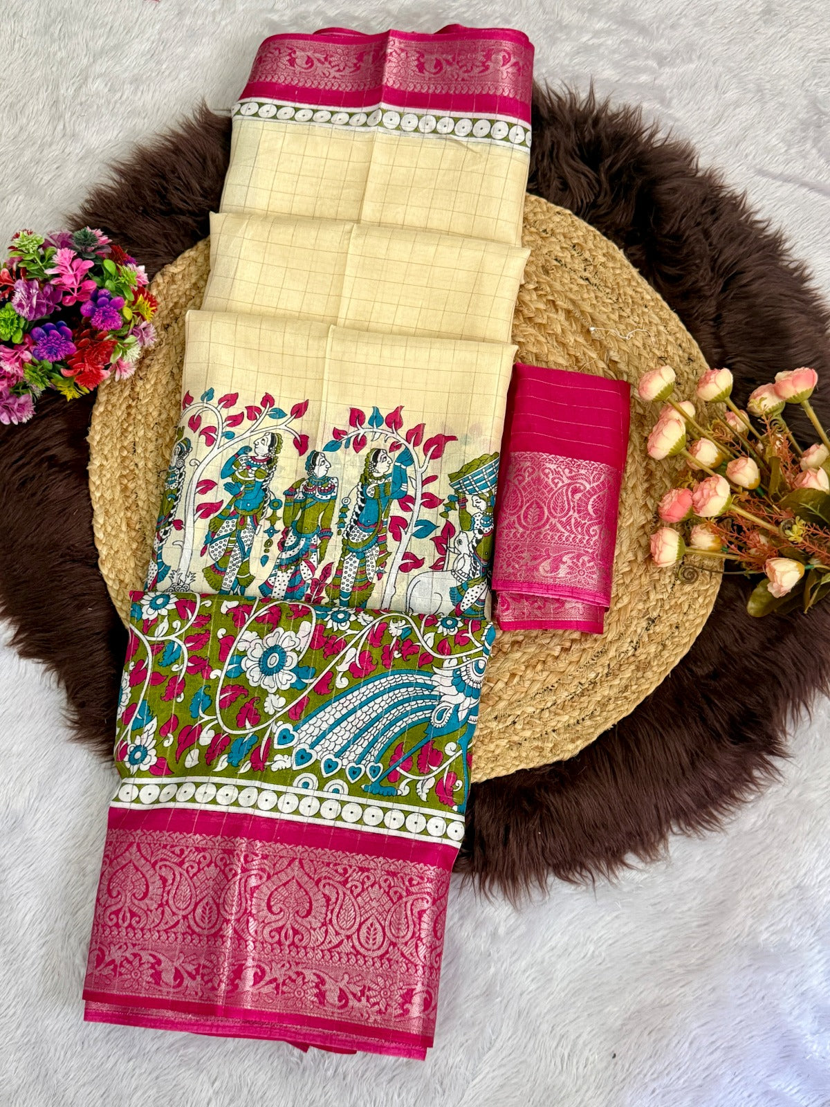 Soft Dola Silk Beautiful Checked Kamalkari Print