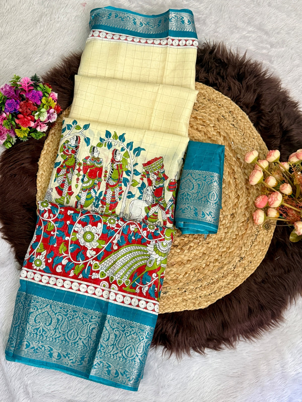 Soft Dola Silk Beautiful Checked Kamalkari Print