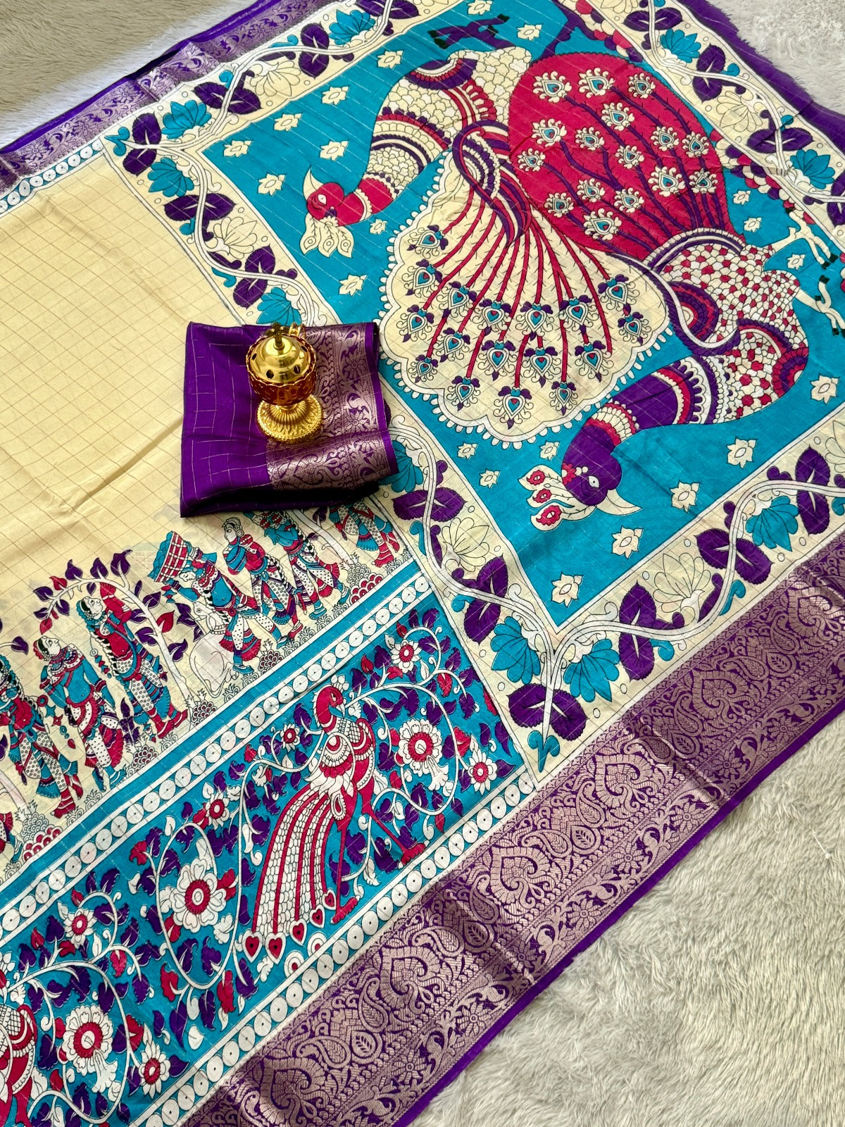Soft Dola Silk Beautiful Checked Kamalkari Print