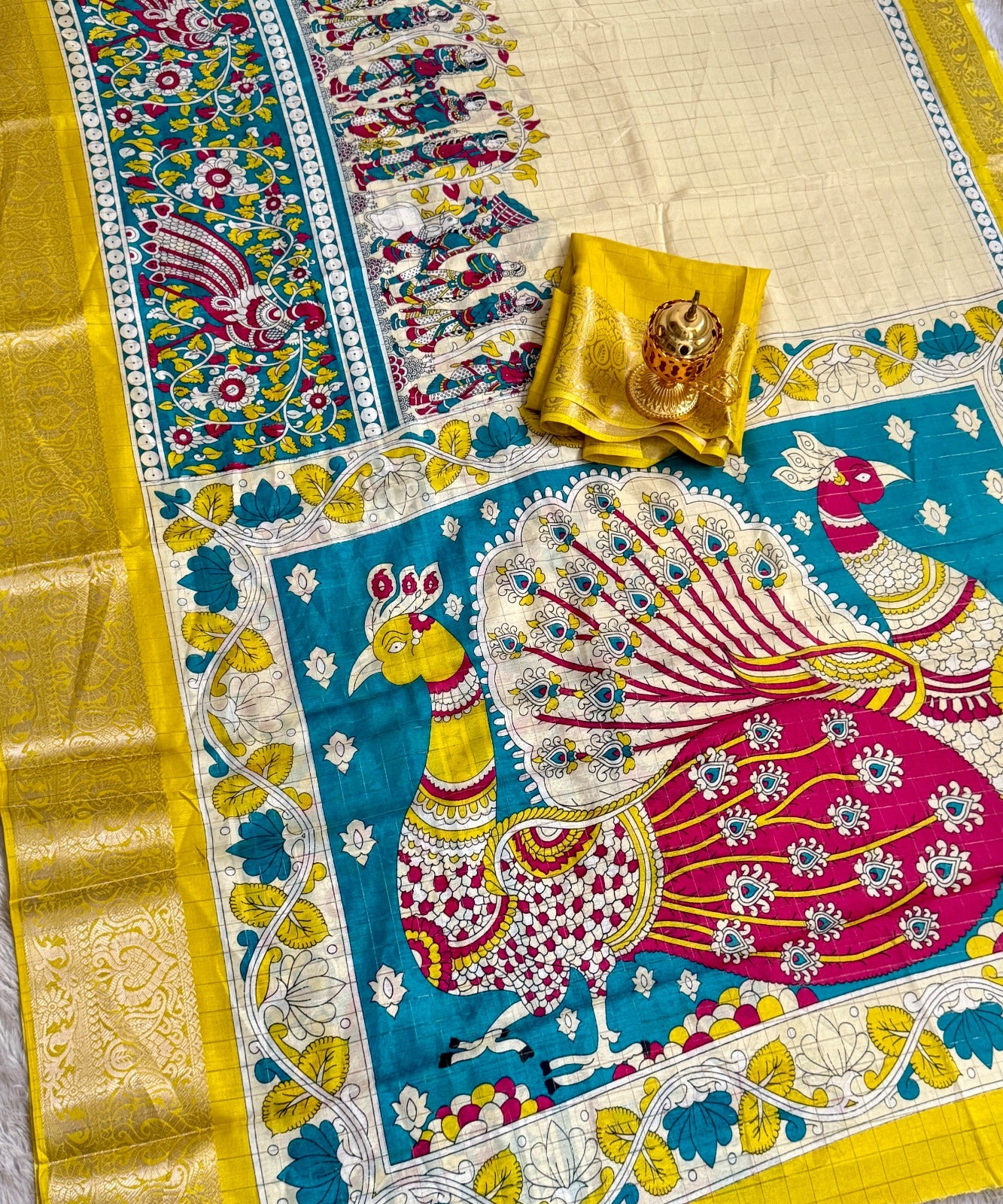 Soft Dola Silk Beautiful Checked Kamalkari Print