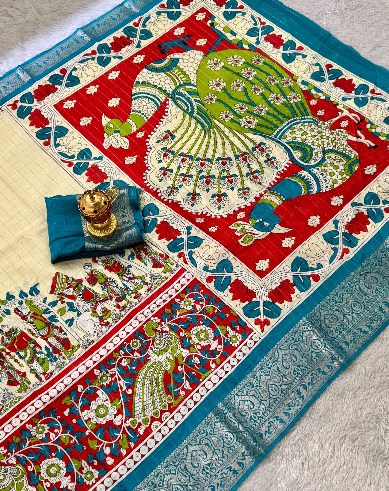 Soft Dola Silk Beautiful Checked Kamalkari Print