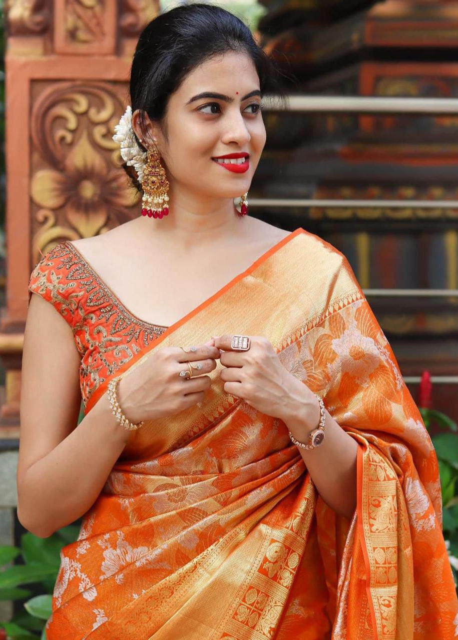 Woman in an orange saree with a decorative background