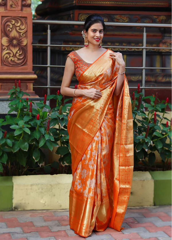 Woman in an orange saree standing in front of a decorative wall with plants.