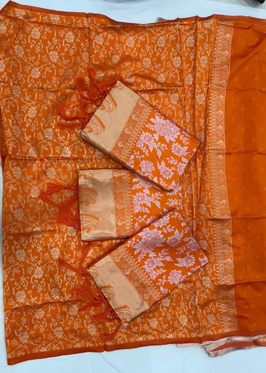 Orange saree with floral patterns on a white background
