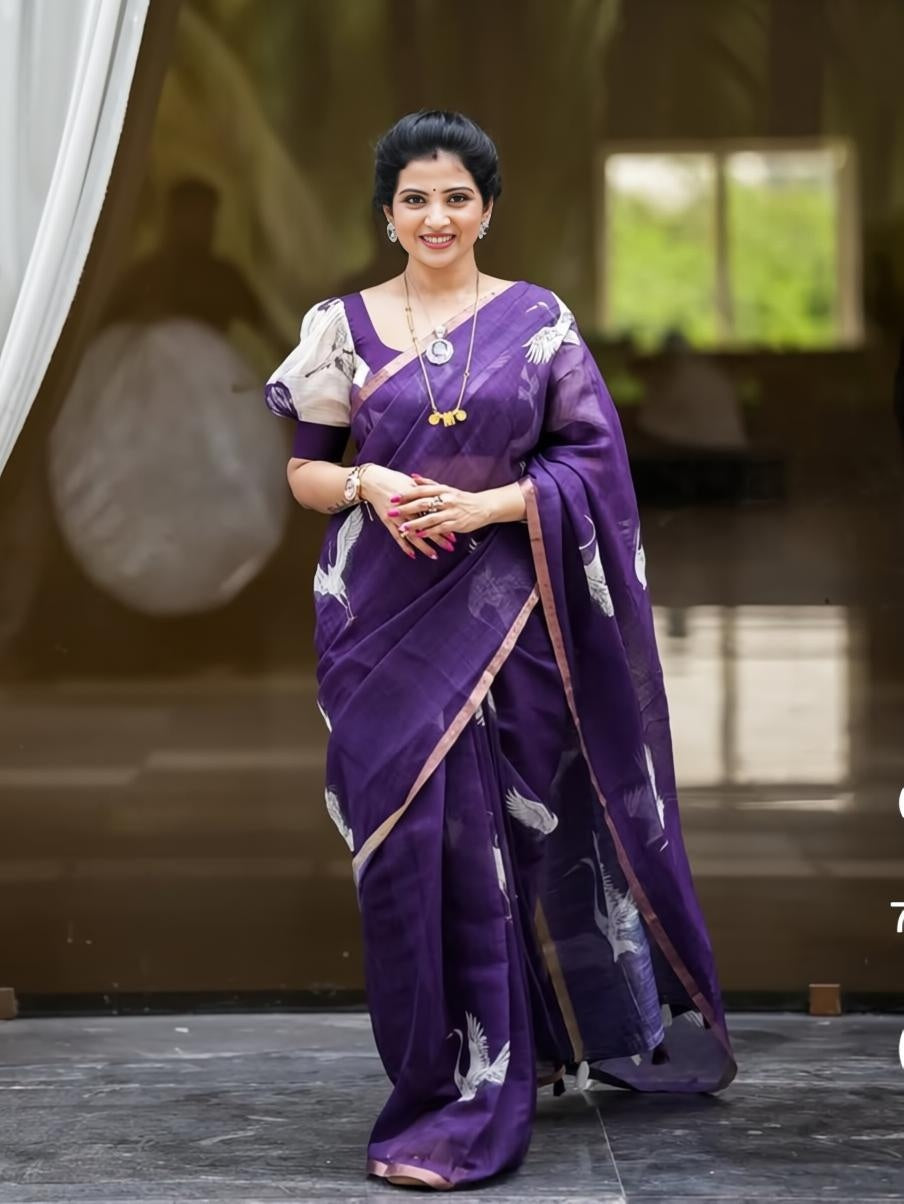 Soft Blue Linen Saree with Gold Zari Border and Crane Digital Print with Matching Blouse – Sanskriti Saree