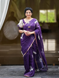 Soft Blue Linen Saree with Gold Zari Border and Crane Digital Print with Matching Blouse – Sanskriti Saree