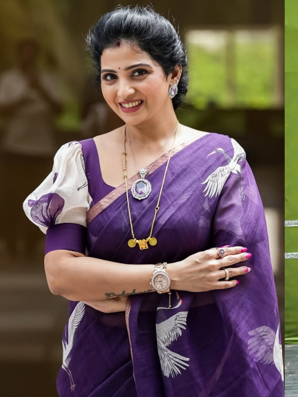 Soft Blue Linen Saree with Gold Zari Border and Crane Digital Print with Matching Blouse – Sanskriti Saree