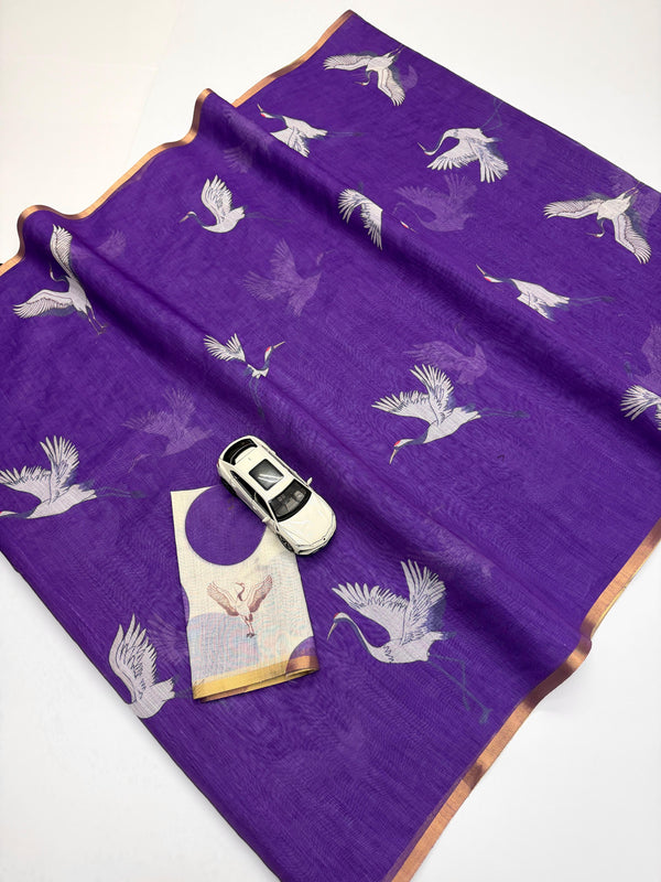 Soft Blue Linen Saree with Gold Zari Border and Crane Digital Print with Matching Blouse – Sanskriti Saree