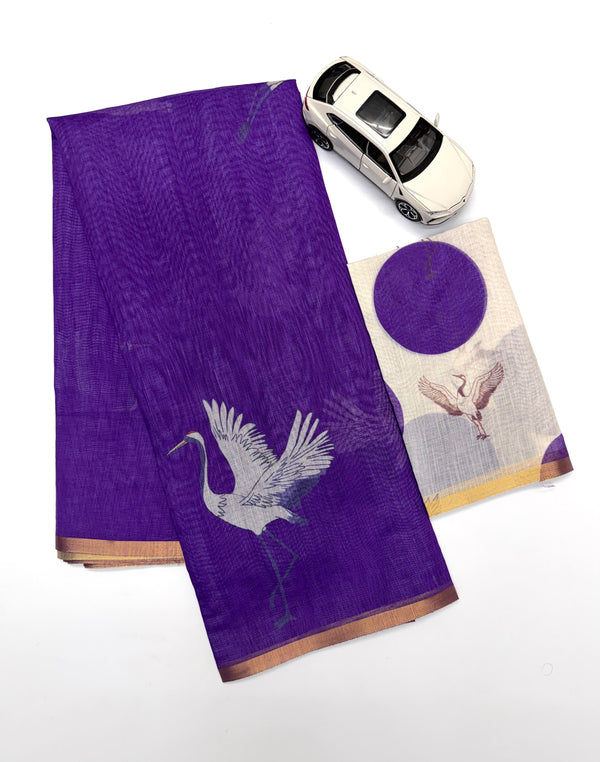 Soft Blue Linen Saree with Gold Zari Border and Crane Digital Print with Matching Blouse – Sanskriti Saree
