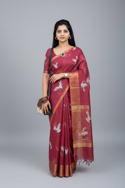 Soft Maroon Linen Saree with Gold Zari Border and Crane Digital Print with Matching Blouse – Sanskriti Saree