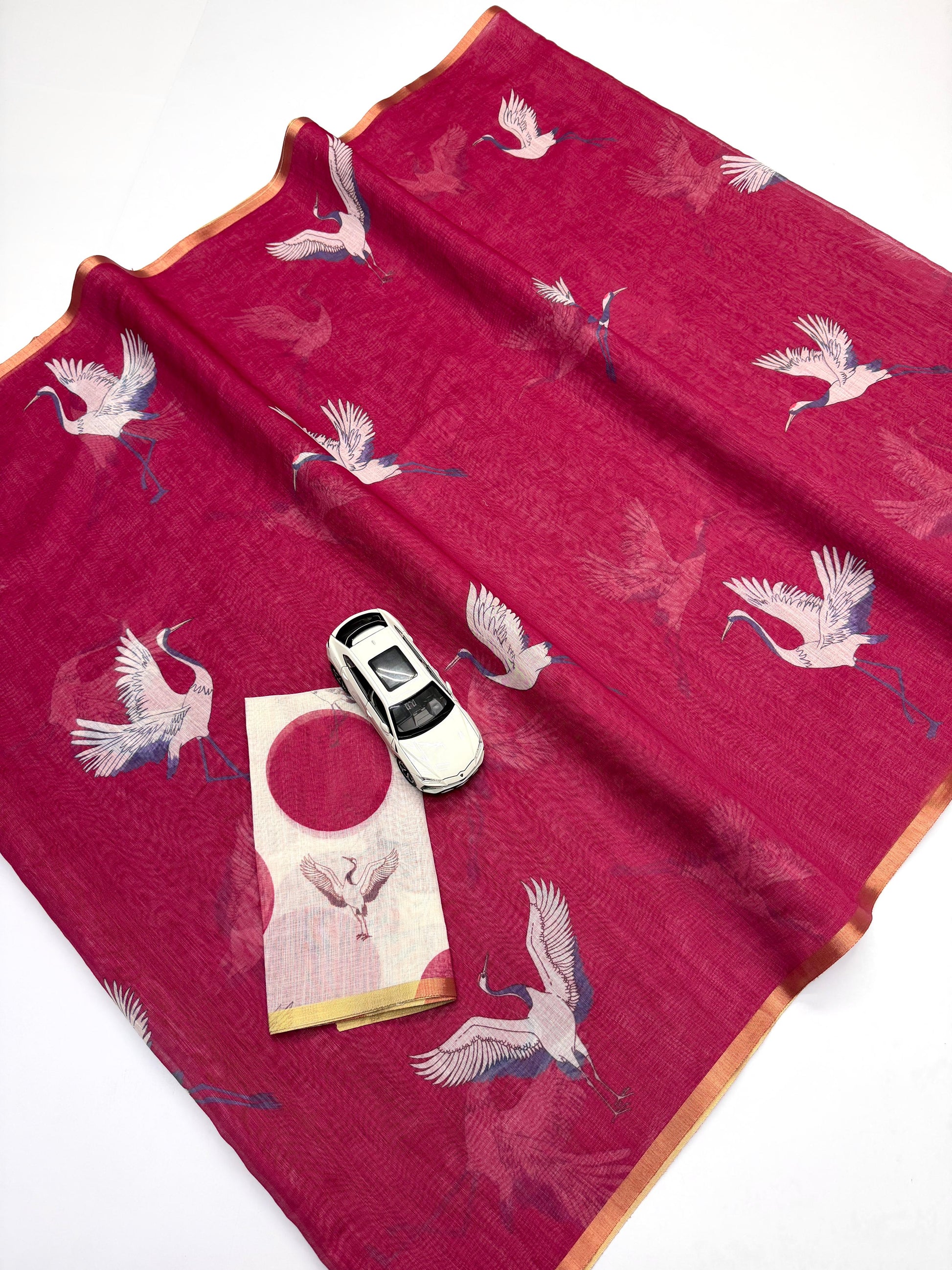 Soft Maroon Linen Saree with Gold Zari Border and Crane Digital Print with Matching Blouse – Sanskriti Saree