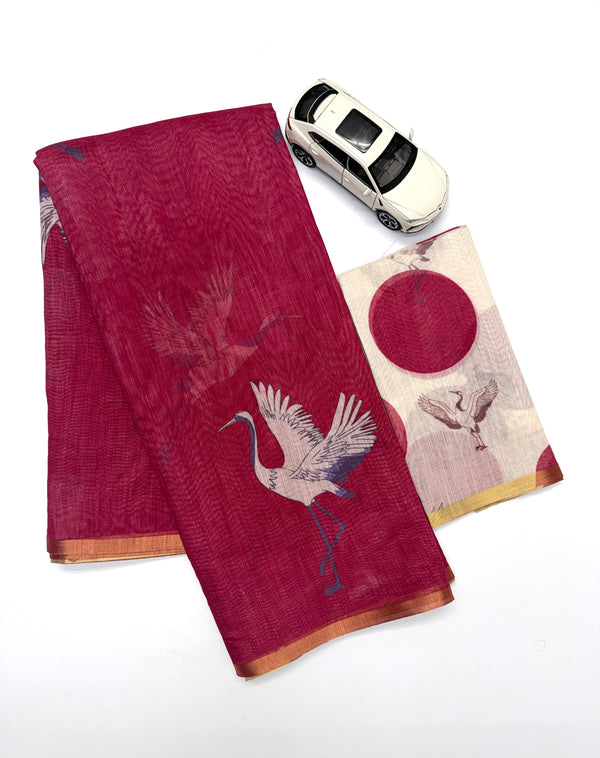 Soft Maroon Linen Saree with Gold Zari Border and Crane Digital Print with Matching Blouse – Sanskriti Saree