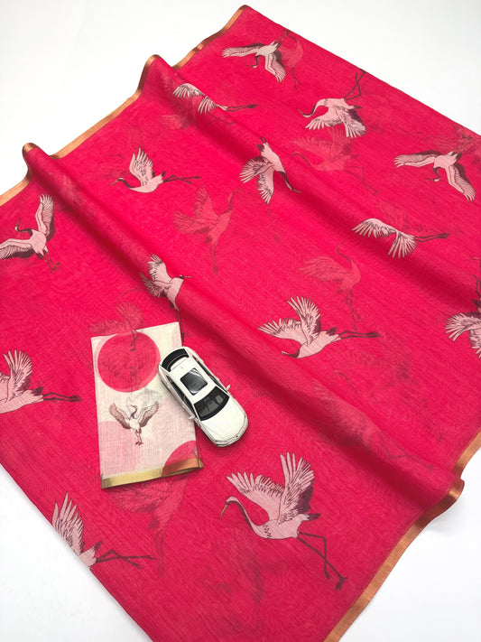 Soft Pink Linen Saree with Gold Zari Border and Crane Digital Print with Matching Blouse – Sanskriti Saree