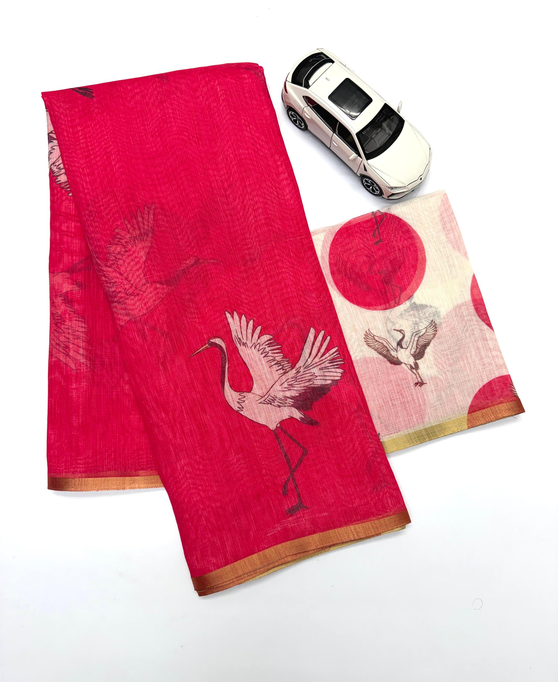 Soft Pink Linen Saree with Gold Zari Border and Crane Digital Print with Matching Blouse – Sanskriti Saree