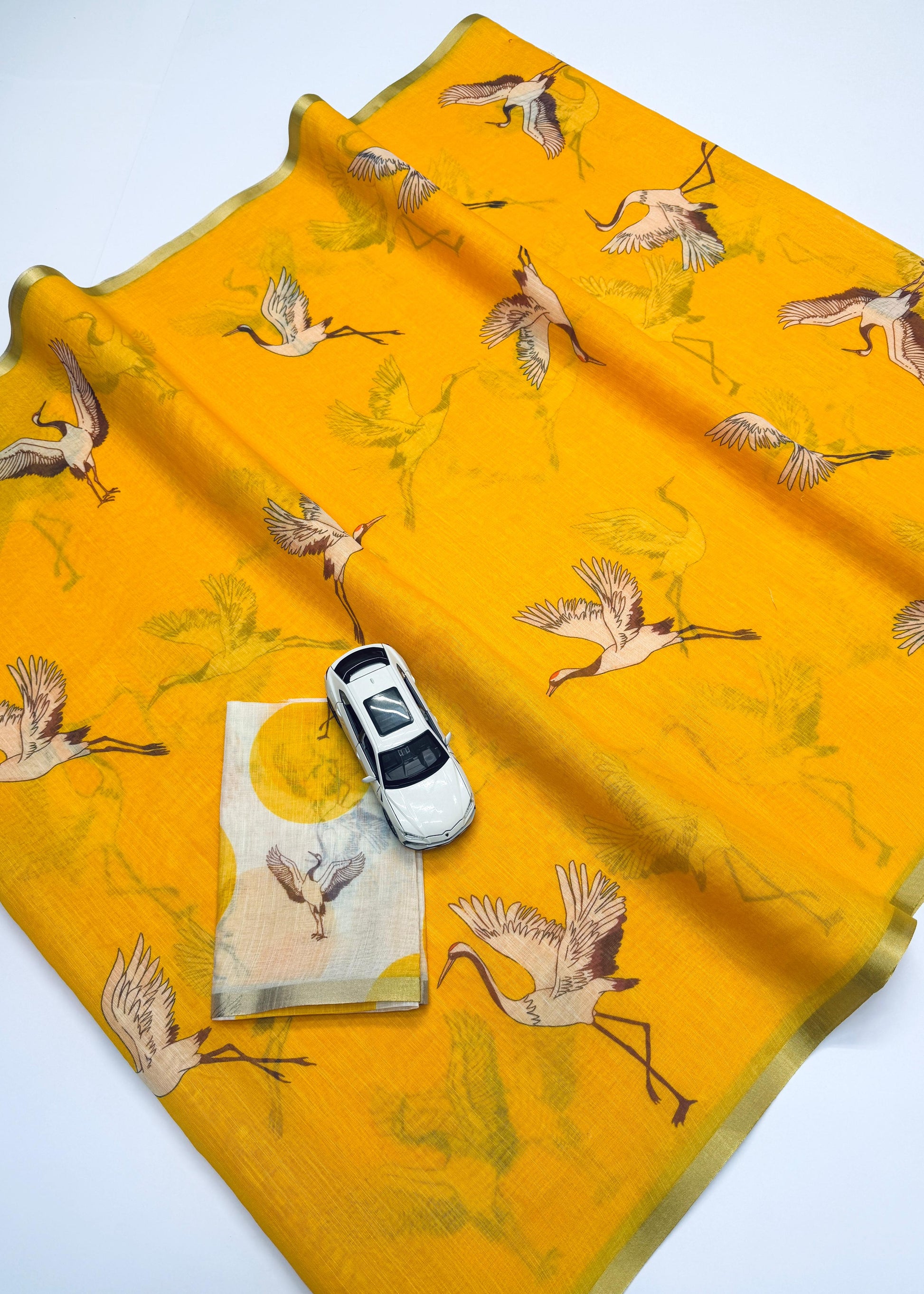 Soft Yellow Linen Saree with Gold Zari Border and Crane Digital Print with Matching Blouse – Sanskriti Saree