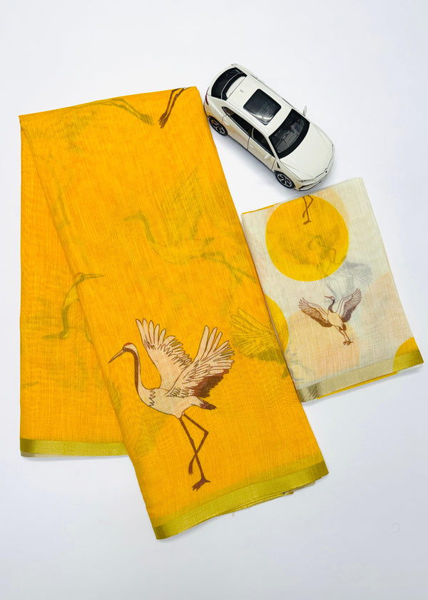 Soft Yellow Linen Saree with Gold Zari Border and Crane Digital Print with Matching Blouse – Sanskriti Saree