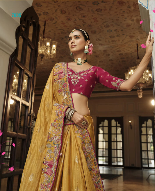 Suvarnalata Silk Saree | Golden Mustard with Narrative Embroidery & Magenta Blouse