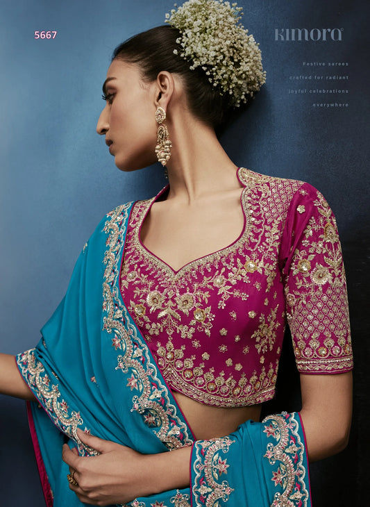 Teal Horizon Fancy Tissue Saree with Zardozi, Stone & Sequin Embroidery — Ready Blouse