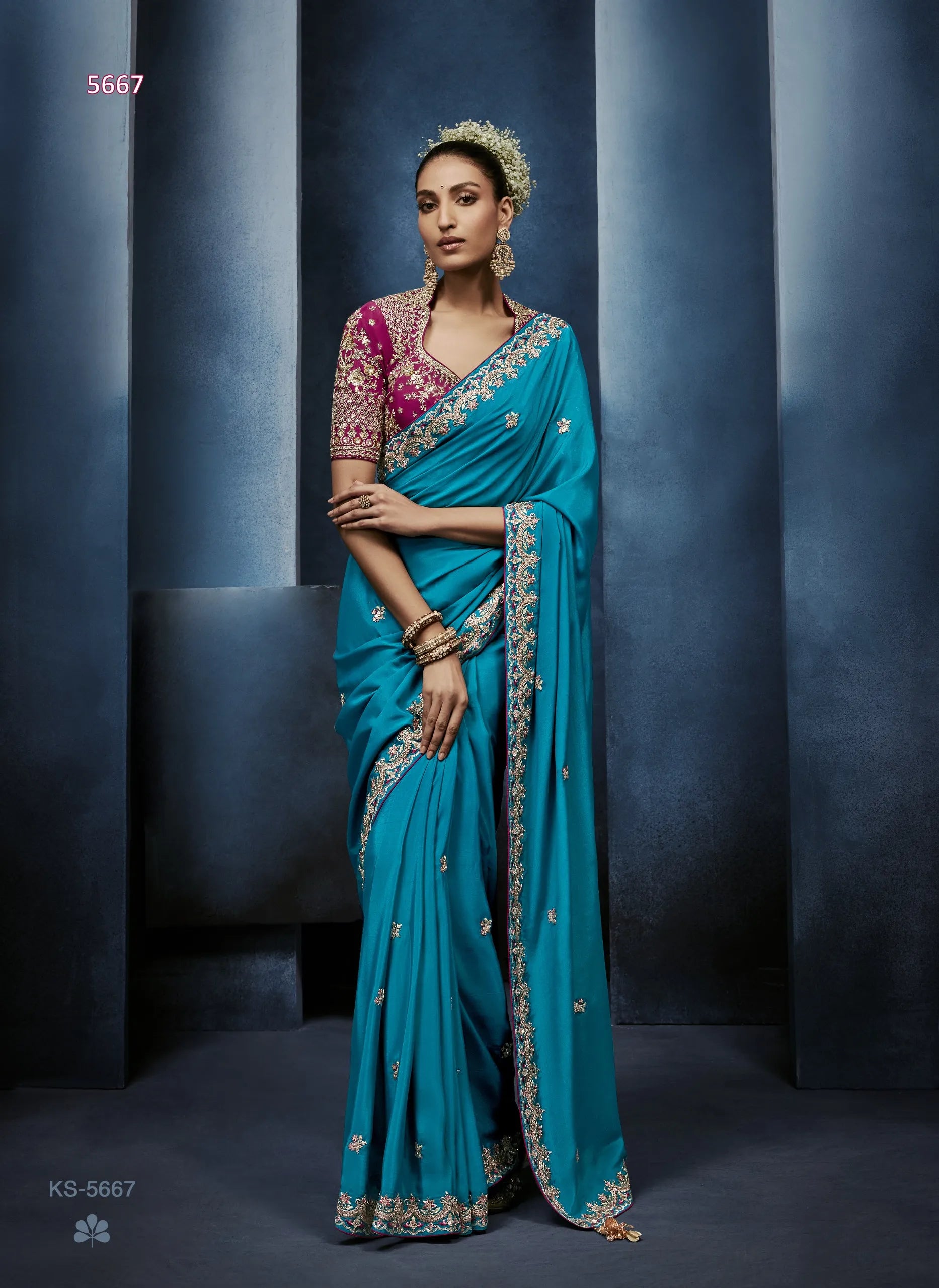 Teal Horizon Fancy Tissue Saree with Zardozi, Stone & Sequin Embroidery — Ready Blouse