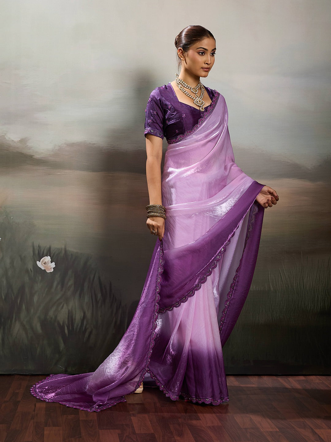 Two-Tone Glass Tissue Steel Blue Silver Shimmer saree