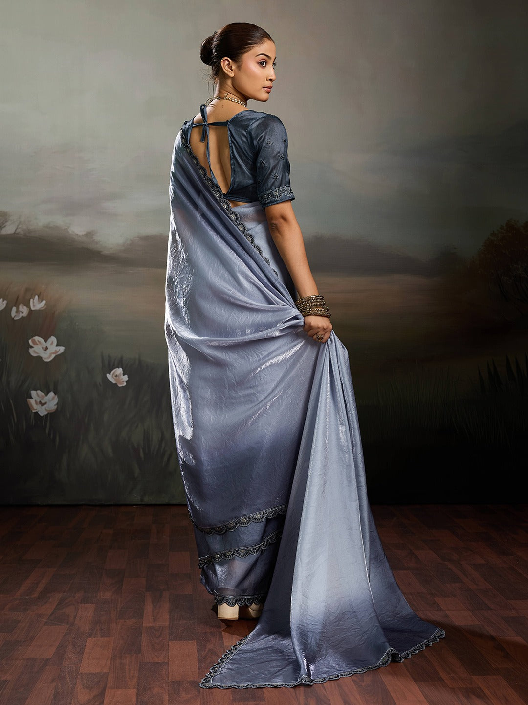 Two-Tone Glass Tissue Steel Blue Silver Shimmer saree